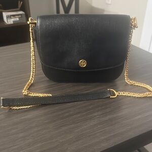 Tory Burch Black Leather Crossbody with Gold Chain